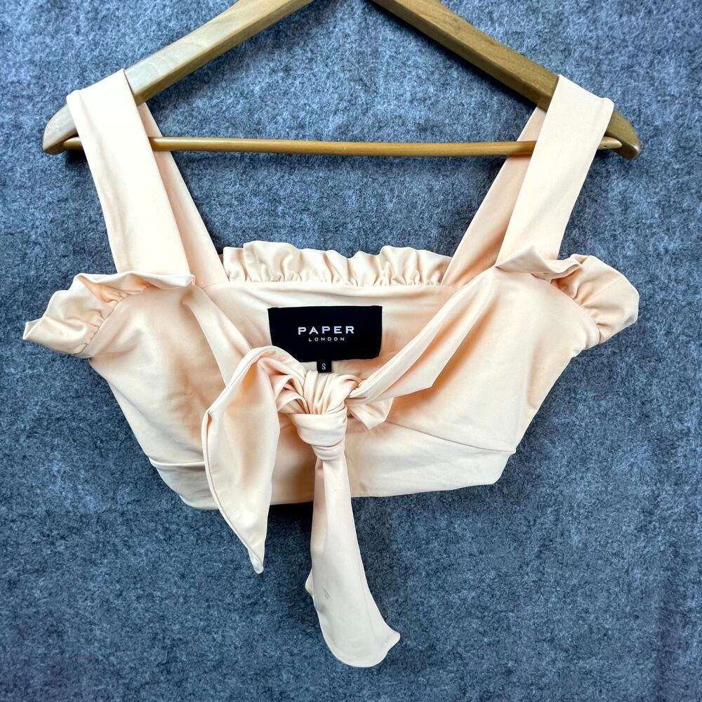 Paper London Cropped Twist Top Womens Small‎ Beige Beachy Ruffle Knotted Front